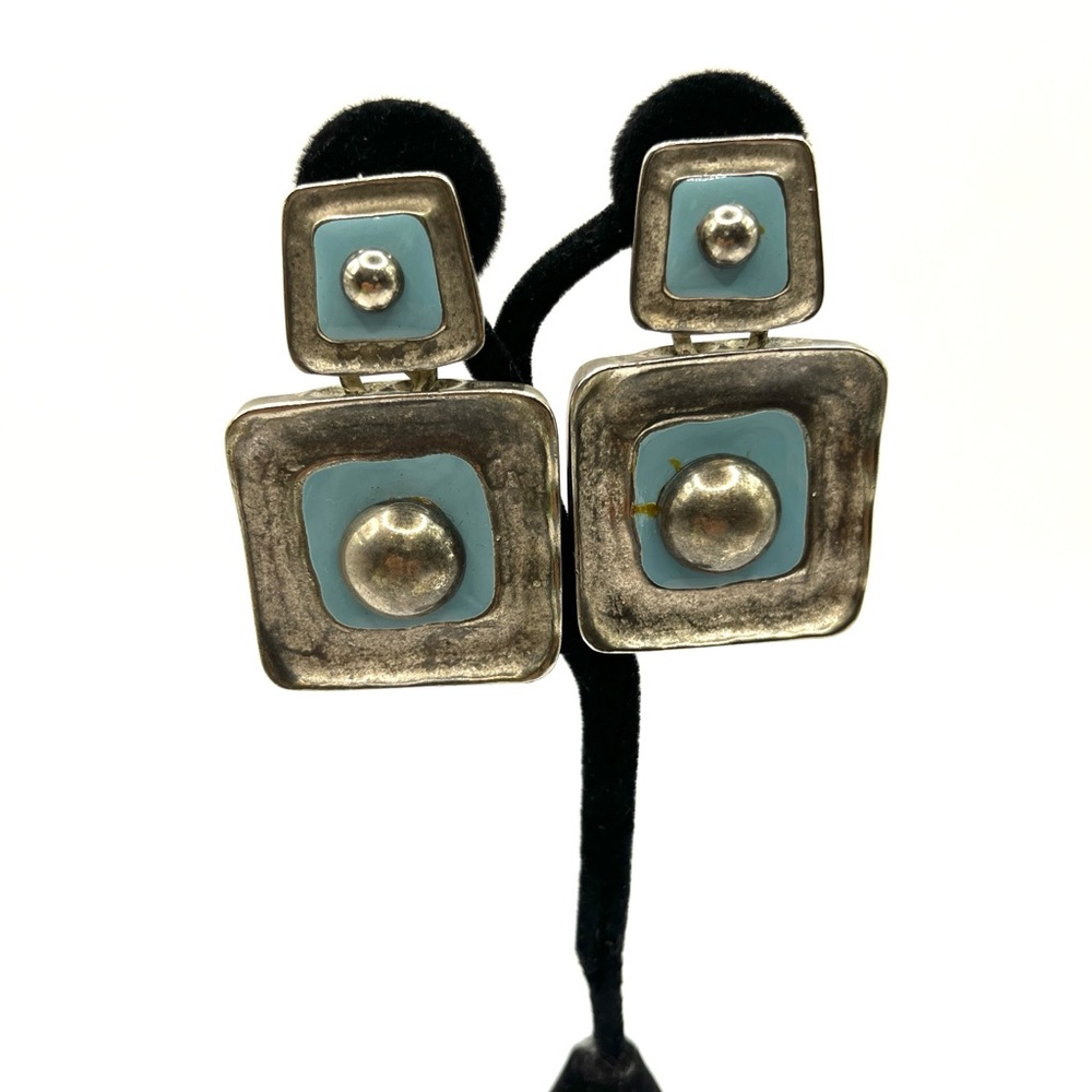 Silver-Tone Square Drop Earrings with Light Blue Accents Statement Big Bold